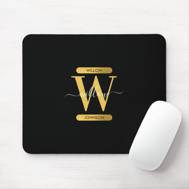 Elegant Black & Gold Monogram Modern Script  Mouse Pad (With Mouse)