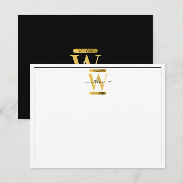 Elegant Black & Gold Monogram Modern Script Note Card (Front/Back)