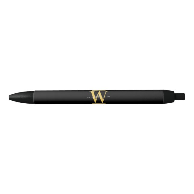 Elegant Black & Gold Monogram Modern Script Pen (Front)