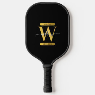 Elegant Black & Gold Monogram Modern Script Pickleball Paddle