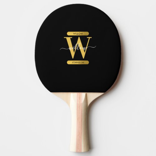Elegant Black  Gold Monogram Modern Script  Ping Pong Paddle