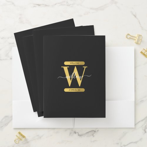 Elegant Black  Gold Monogram Modern Script Pocket Folder