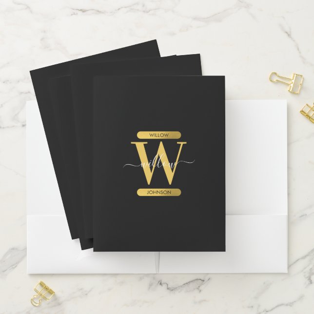 Elegant Black & Gold Monogram Modern Script Pocket Folder (In Situ)