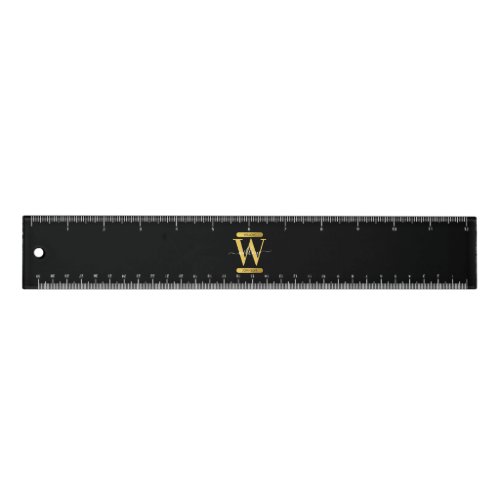 Elegant Black  Gold Monogram Modern Script Ruler