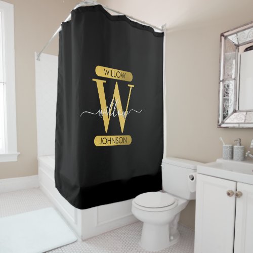 Elegant Black  Gold Monogram Modern Script Shower Curtain