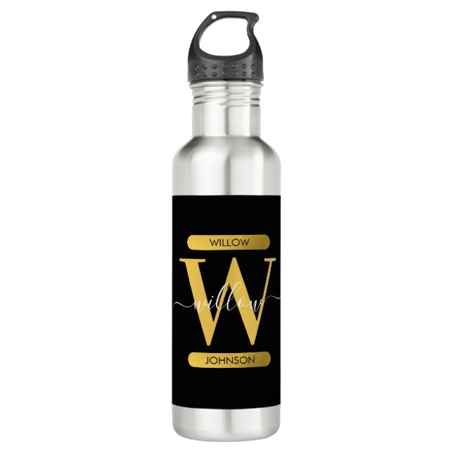 Elegant Black & Gold Monogram Modern Script Stainless Steel Water Bottle (Front)