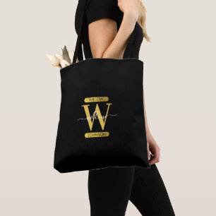 Elegant Black & Gold Monogram Modern Script Tote Bag
