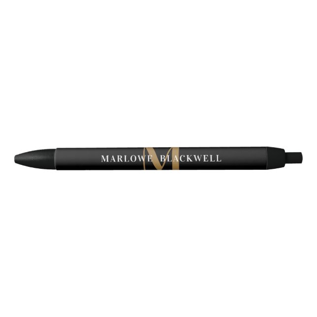 Elegant Black Gold Monogram Name Black Pen (Front)