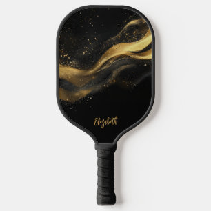 Elegant Black Gold Monogram Name Carbon Fiber Pickleball Paddle