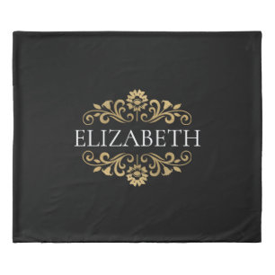 Elegant Black Gold Monogram Name Duvet Cover