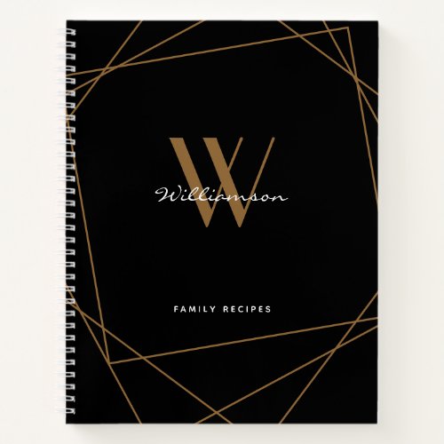 Elegant Black Gold Monogram Name Family Recipe Notebook
