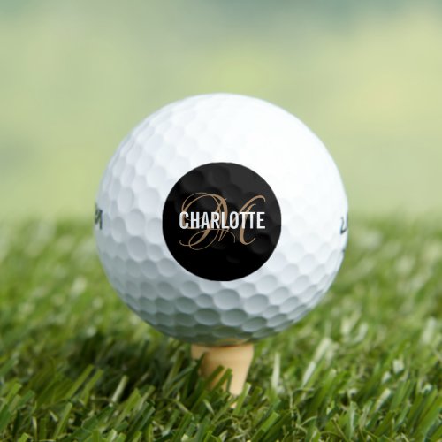 Elegant black gold monogram name Golf Balls