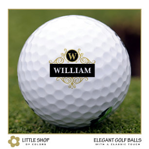 Elegant Black Gold Monogram Name Initial Golf Balls