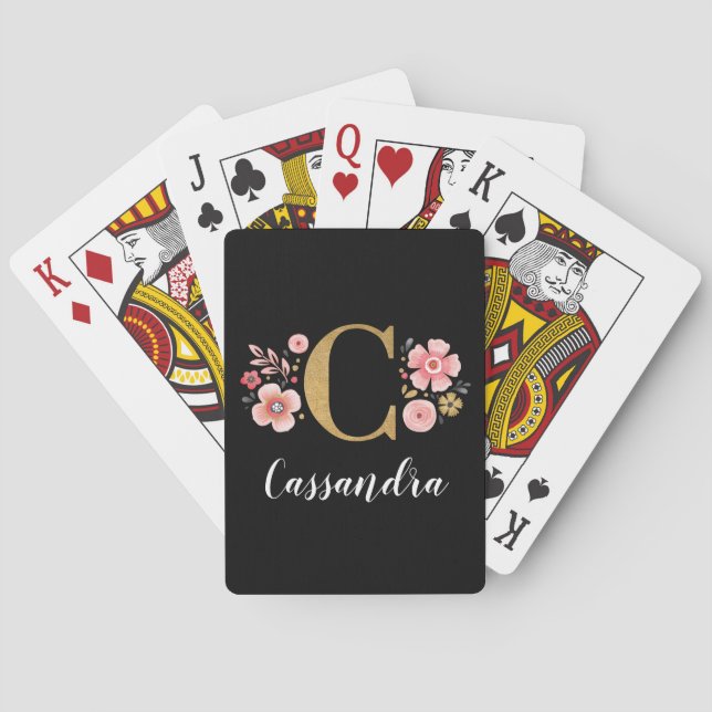 Elegant Black Gold Monogram Name Poker Cards (Back)