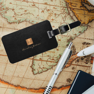 Elegant black gold monogram name script custom luggage tag