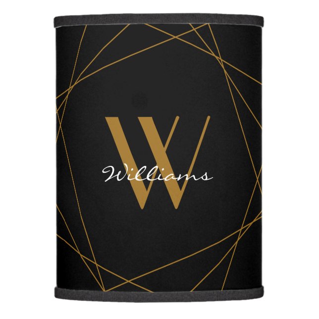 Elegant Black Gold Monogram Name Script Geometric Lamp Shade (Front)