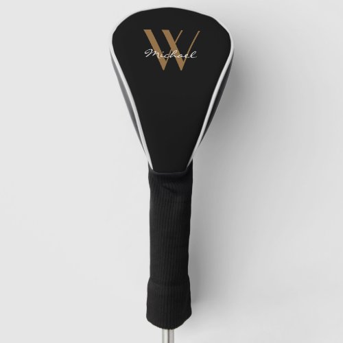 Elegant Black Gold Monogram Name Script Golf Head Cover