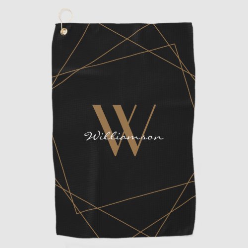 Elegant Black Gold Monogram Name Script Golf Towel