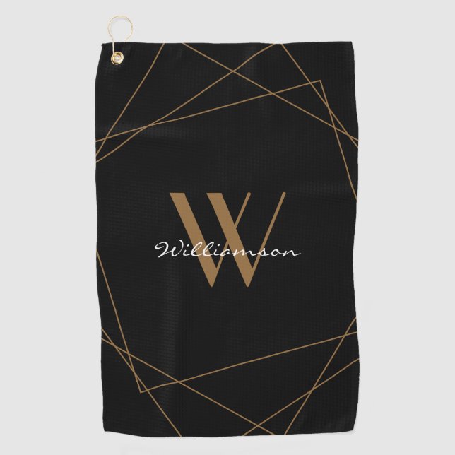 Elegant Black Gold Monogram Name Script Golf Towel (Front)