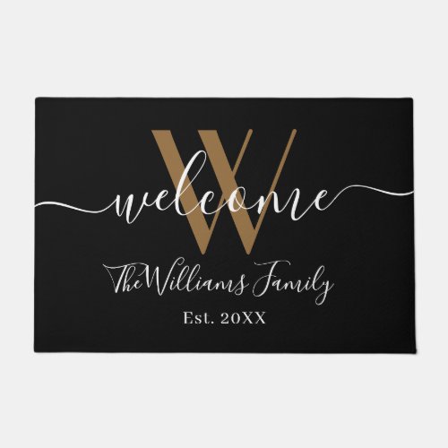 Elegant Black Gold Monogram Name Script Newlyweds Doormat