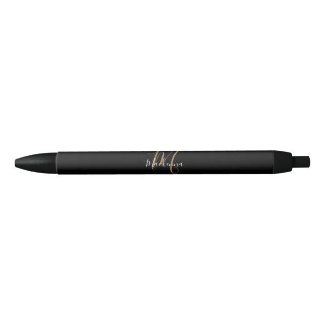 Elegant Black Gold Monogram Name Stylish Script Pen (Front)