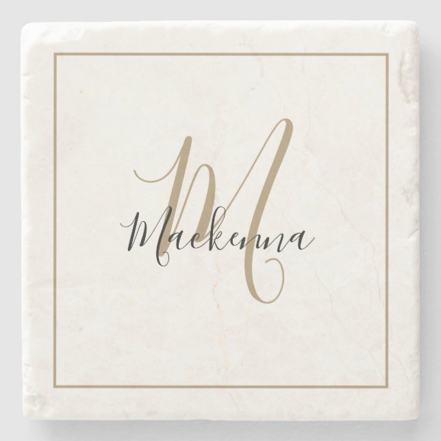 Elegant Black Gold Monogram Name Stylish Script Stone Coaster (Front)