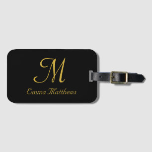 Elegant Black & Gold Monogram Name Travel Holiday Luggage Tag