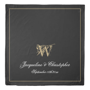 Elegant Black Gold Monogram Names Newlywed Wedding Duvet Cover