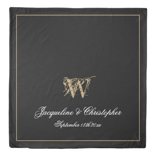 Elegant Black Gold Monogram Names Newlywed Wedding Duvet Cover