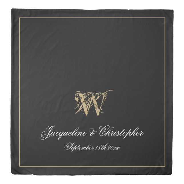 Elegant Black Gold Monogram Names Newlywed Wedding Duvet Cover (Front)