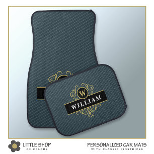 Elegant Black Gold Monogram Pinstripe Car Floor Mat