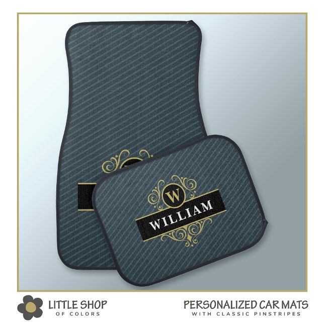 Elegant Black Gold Monogram Pinstripe Car Floor Mat (Creator Uploaded)