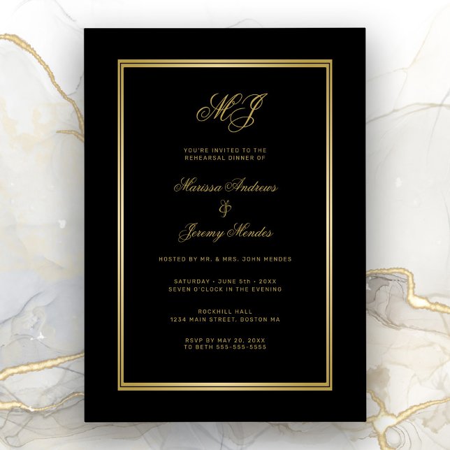 Elegant Black Gold Monogram Rehearsal Dinner Invitation (Elegant Black and Gold Wedding Reshearsal Invitation)