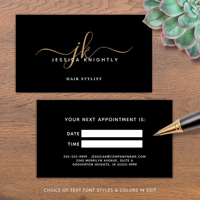 Elegant Black Gold Monogram Script Appointment Card (Creator Uploaded)