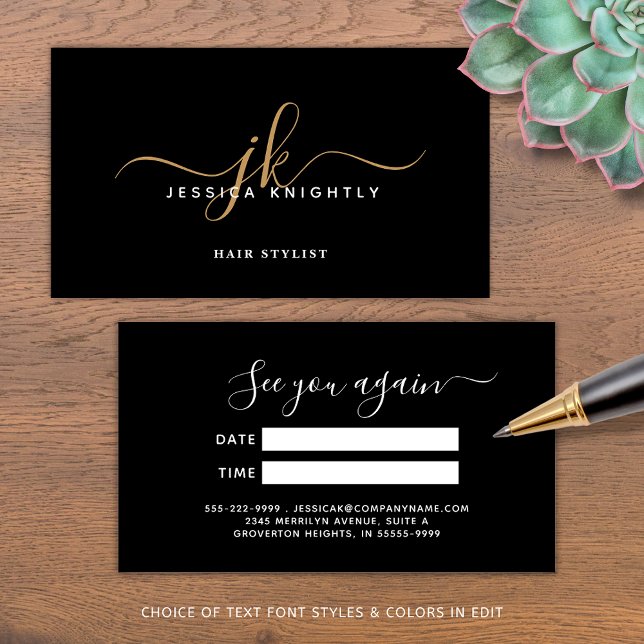 Elegant Black Gold Monogram Script Appointment Card (Creator Uploaded)