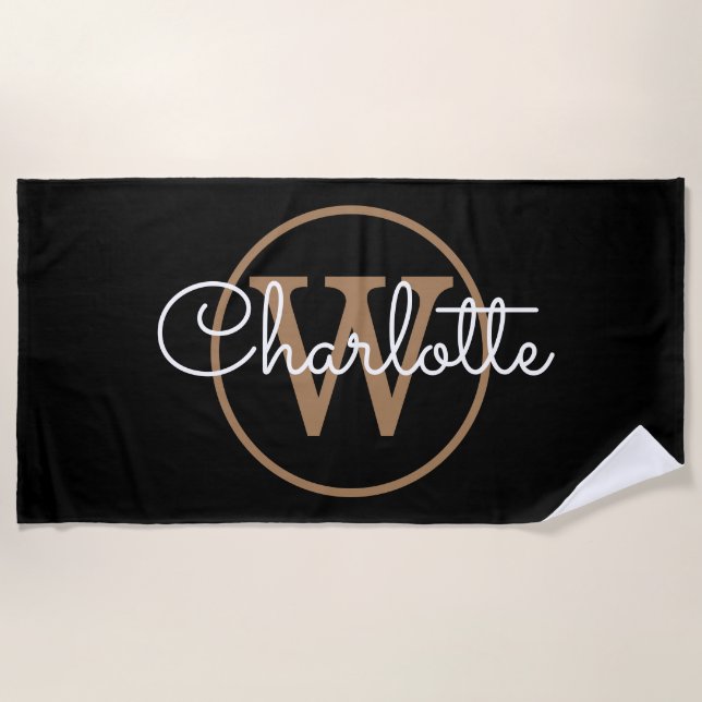 Elegant Black Gold Monogram Script Beach Towel (Front)