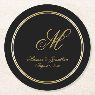Elegant Black Gold Monogram Script Black Wedding Round Paper Coaster