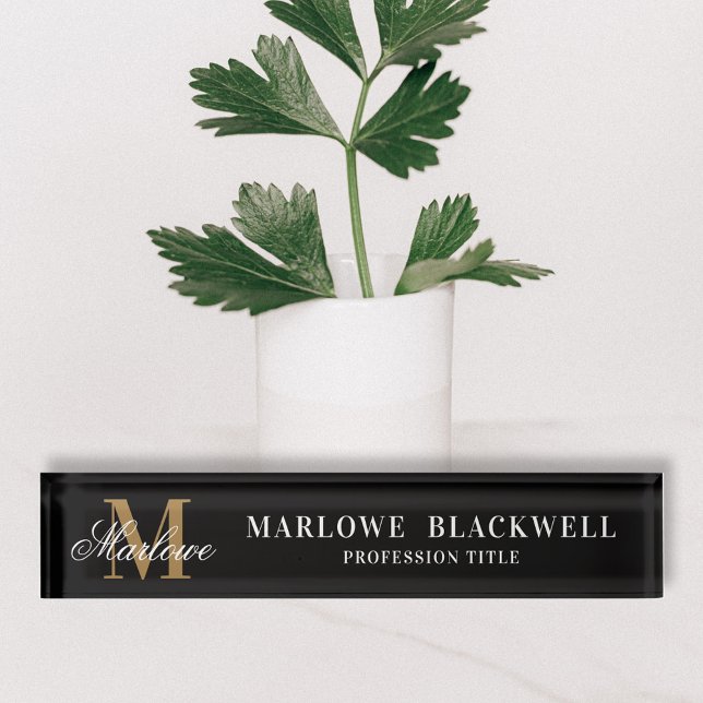 Elegant Black Gold Monogram Script Desk Name Plate (Creator Uploaded)