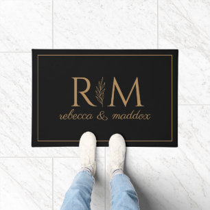 Elegant Black Gold Monogram Script Doormat
