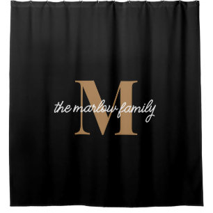 Elegant Black Gold Monogram Script Family Name Shower Curtain