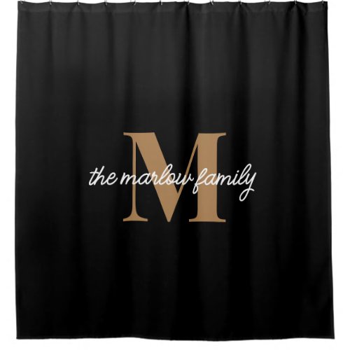 Elegant Black Gold Monogram Script Family Name  Shower Curtain