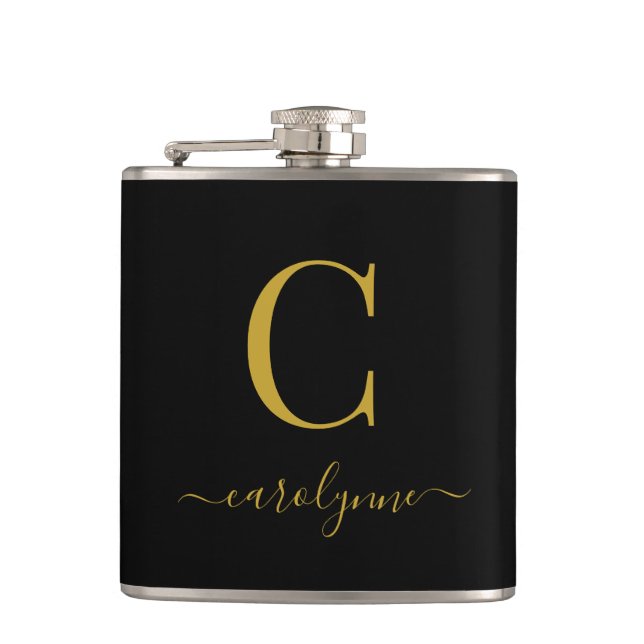 Elegant Black Gold Monogram Script Flask (Front)