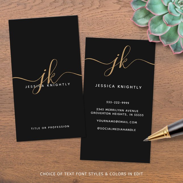 Elegant Black Gold Monogram Script Initials Business Card (Creator Uploaded)