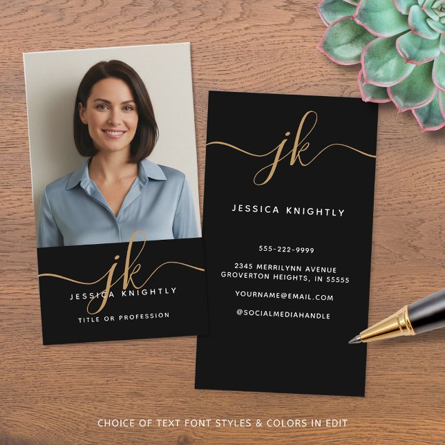 Elegant Black Gold Monogram Script Initials Photo Business Card (Creator Uploaded)