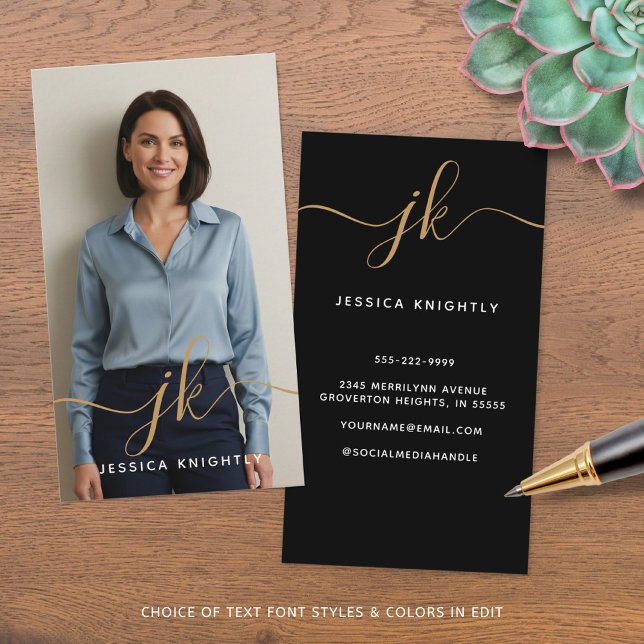 Elegant Black Gold Monogram Script Initials Photo Business Card (Creator Uploaded)