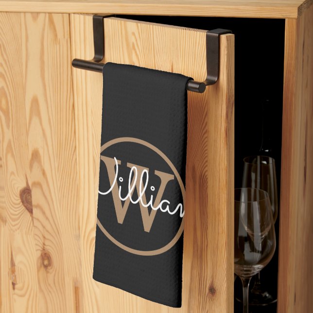 Elegant Black Gold Monogram Script Kitchen Towel (Thirds Fold)