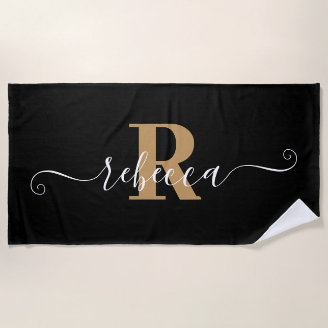 Elegant Black Gold Monogram Script Name Beach Towel (Front)