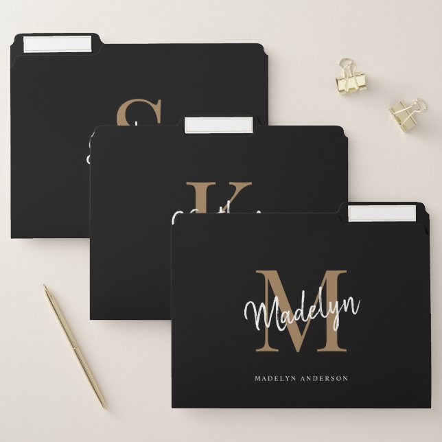 Elegant Black Gold Monogram Script Name Family File Folder (Set)