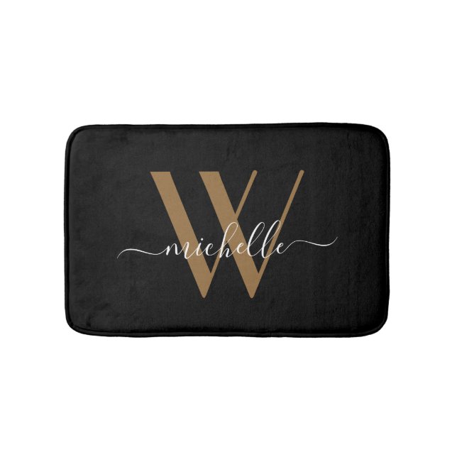 Elegant Black Gold Monogram Script Name Initial Bath Mat (Front)