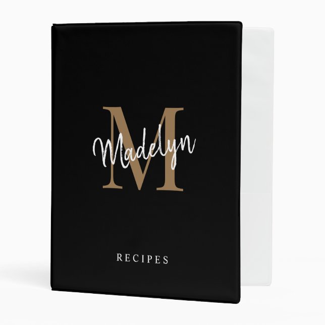 Elegant Black Gold Monogram Script Name Initial Mini Binder (Front/Inside)